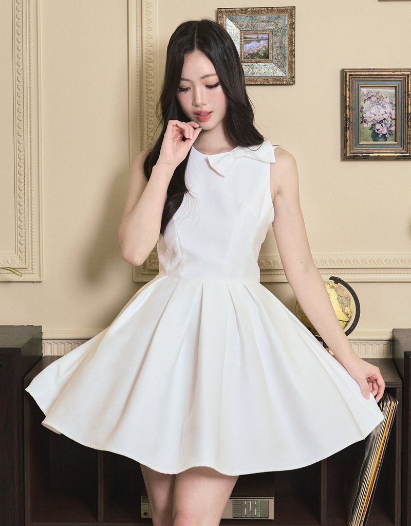 [LADY LINE] オフィーリアリボンポイントスリーブレスショートバルーンドレス ホワイト