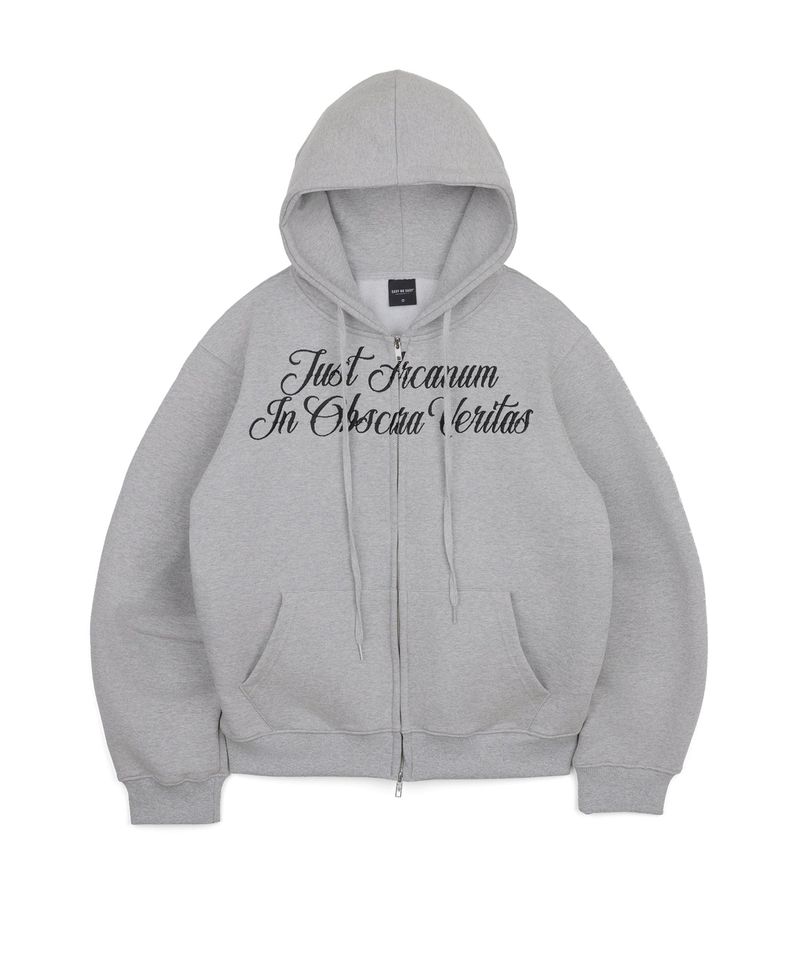 Lettering Embroidered Hoodie Zip-Up - Gray