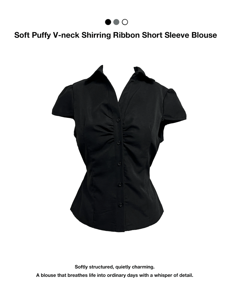 GUSTA（グスタ）の「 Soft Puffy V-neck Front Shirring Back Ribbon Short Sleeve Blouse (3 Colors)（Tops）」