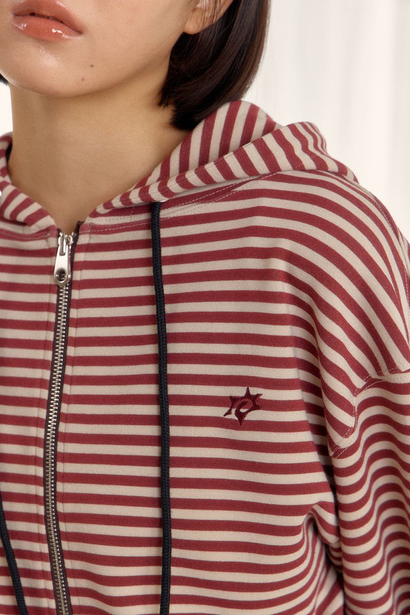 STRIPE HOODED ZIP-UP (RED)
