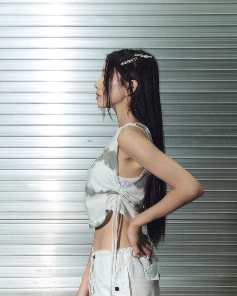 gem stone shirring top- white
