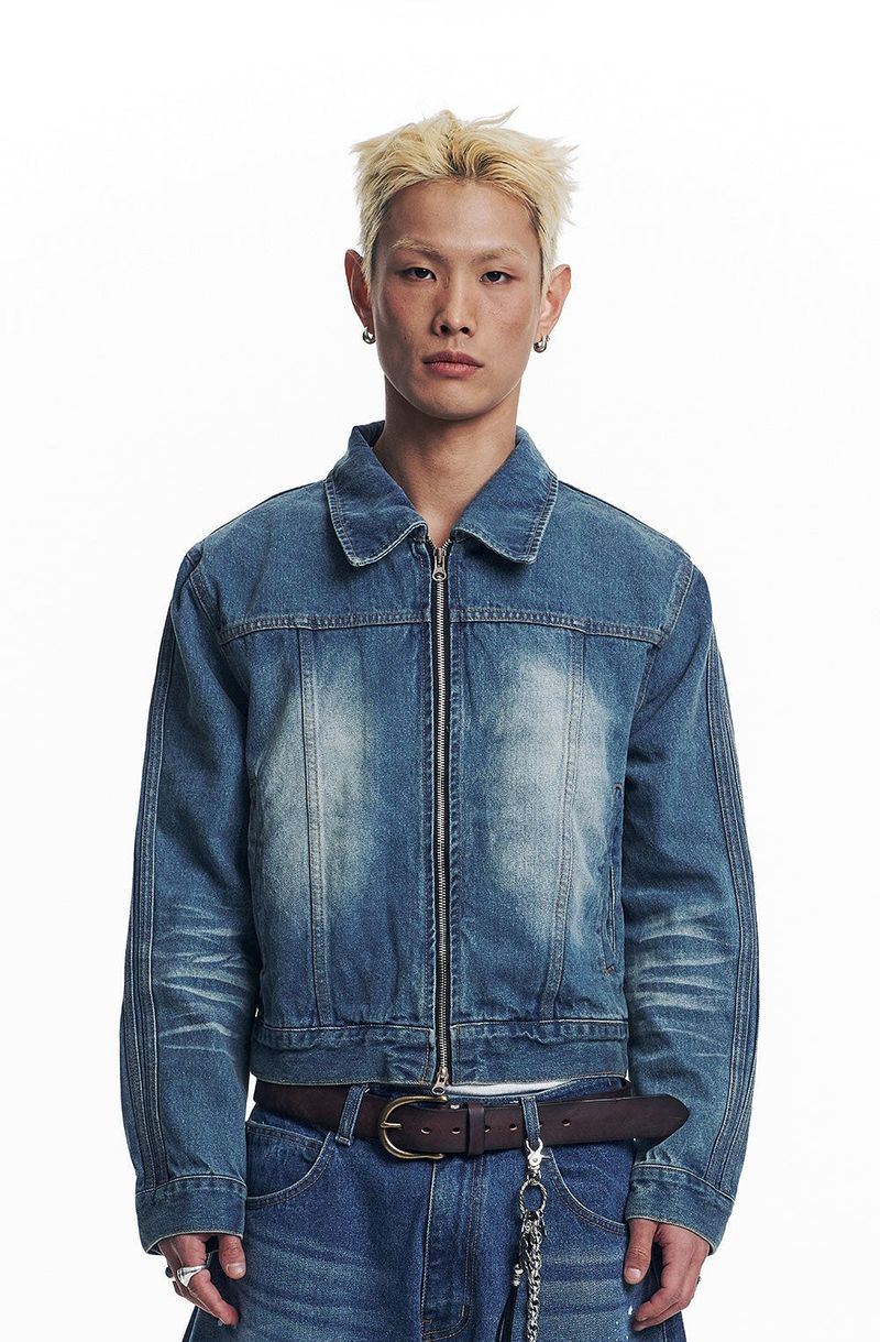 Washed Crop Track Denim Jacket - Deep Blue