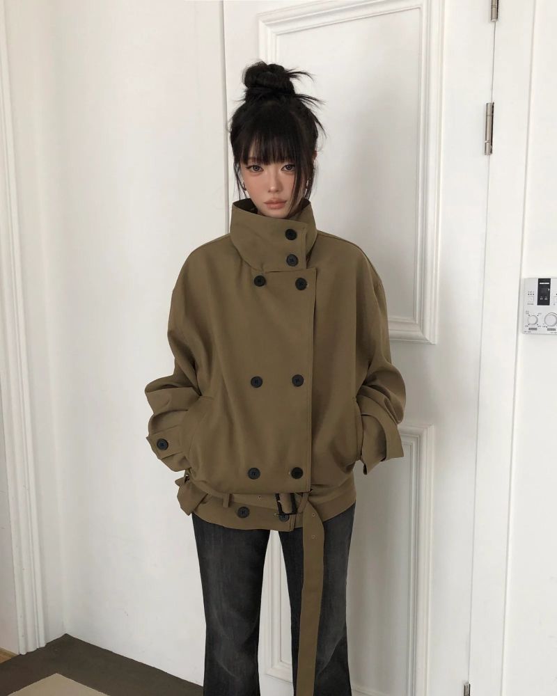 Keini High Neck Double-Breasted Short Trench Jacket