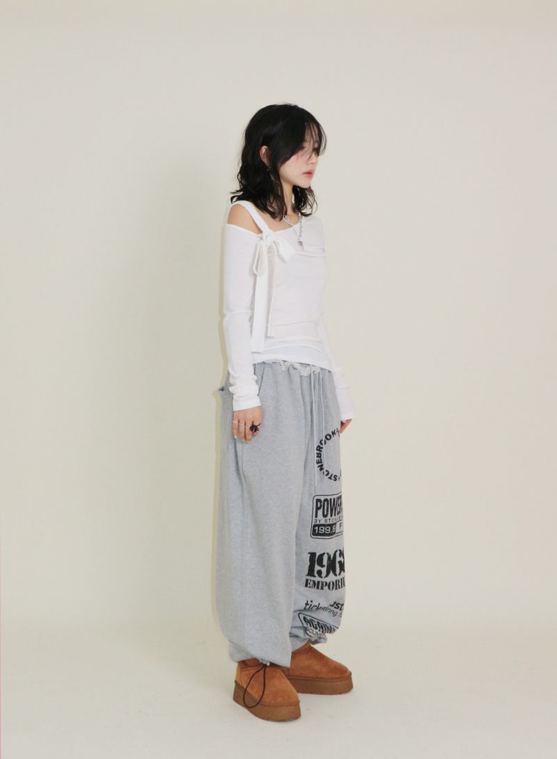 (Napping T-shirt) Euren One Shoulder Ribbon Tie Long-Sleeved Warmer T-Shirt