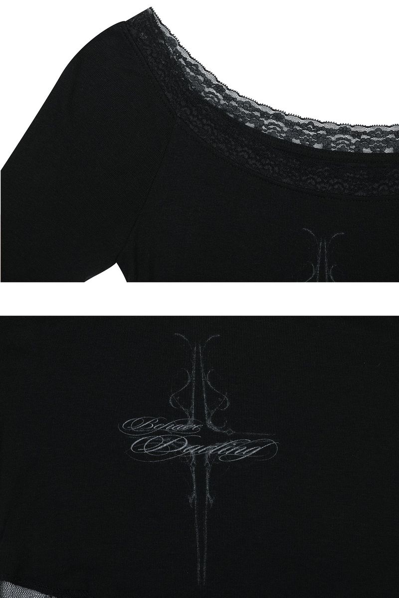 LACE BOATNECK TOP black