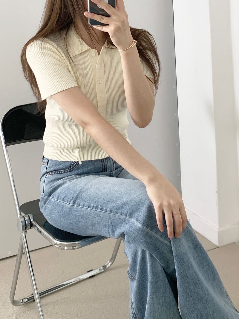 Loewe Ribbed Button Collar Short Sleeve Knit