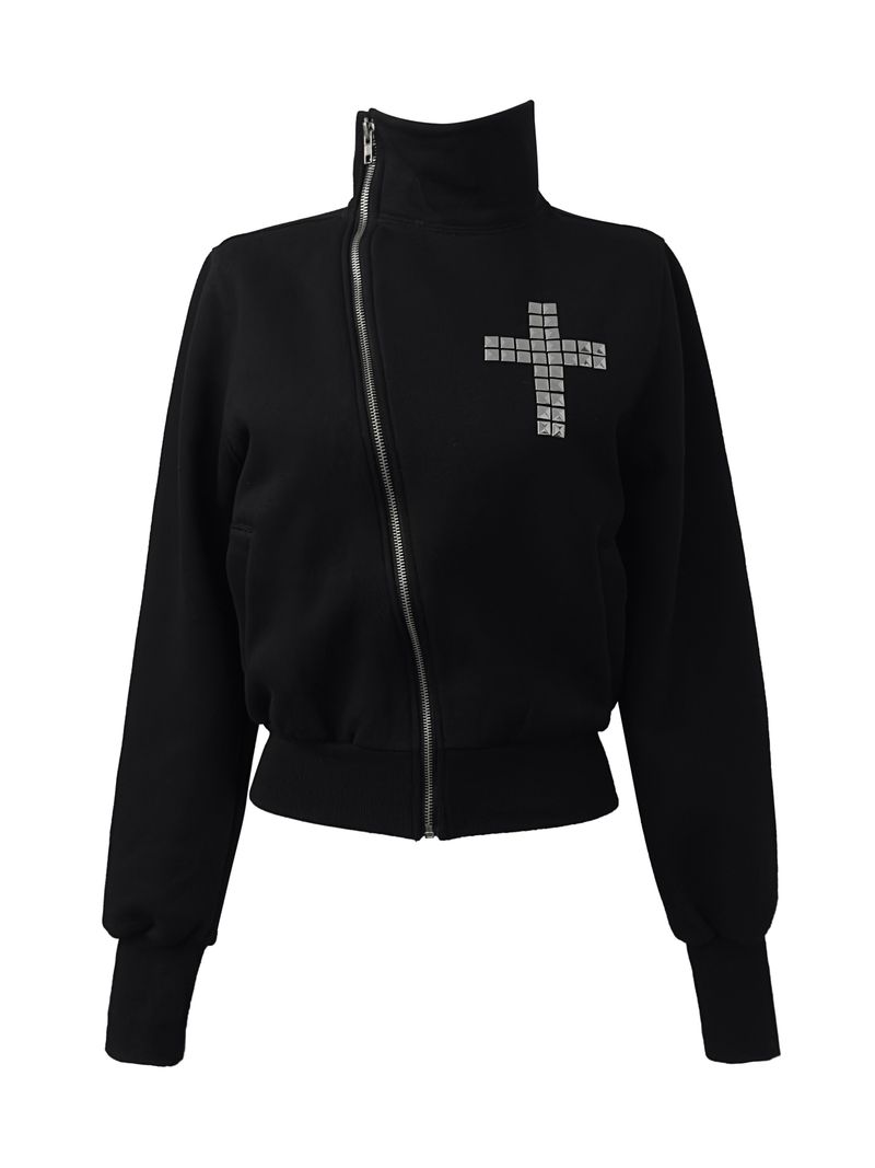 cross stud diagonal warmer zip-up (fleece-lined / 2color)