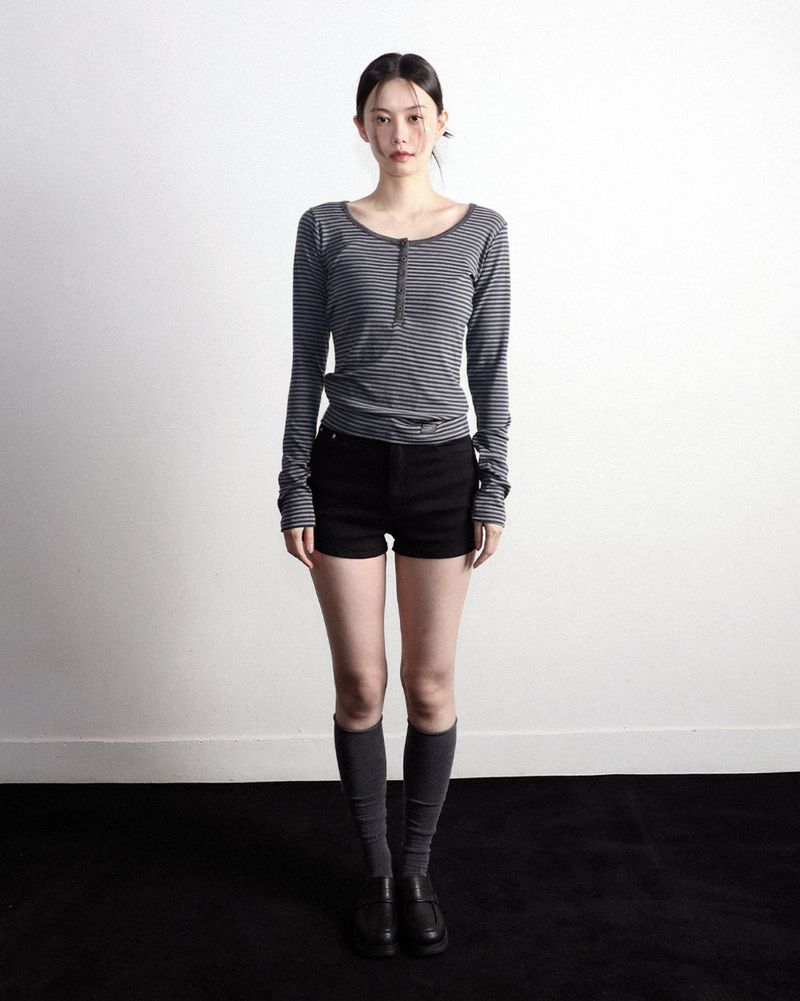 Henley Neck Long Sleeve Stripe Charcoal