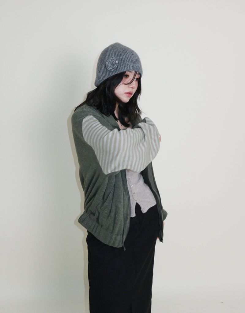 Hakata Stripe Coloring String Knitwear Zip-Up