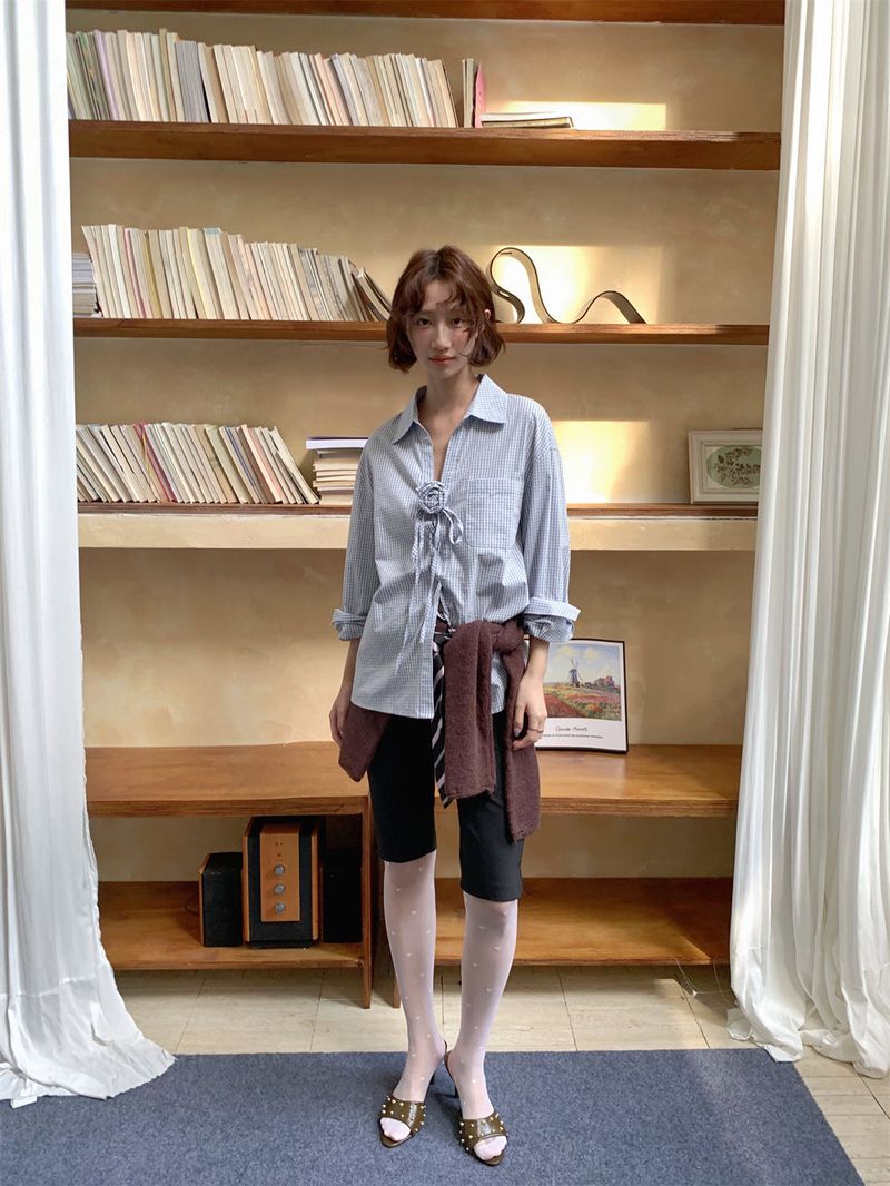 French Corsage Shirring Flower Tie Loose-Fit Check Shirt