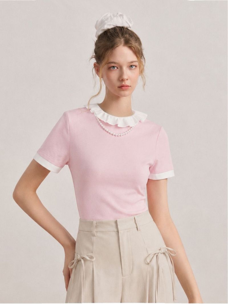 TWEEDY-A（ツウィーディア）の「セリーパールフリルリンガーハーフTシャツ ピンク（トップス）」