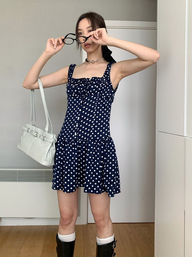 Navy Dotted Square Neck Flared Dress