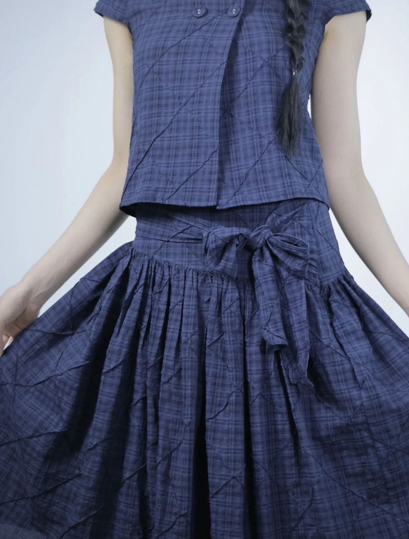 Cozy Check Ribbon skirt -Navy
