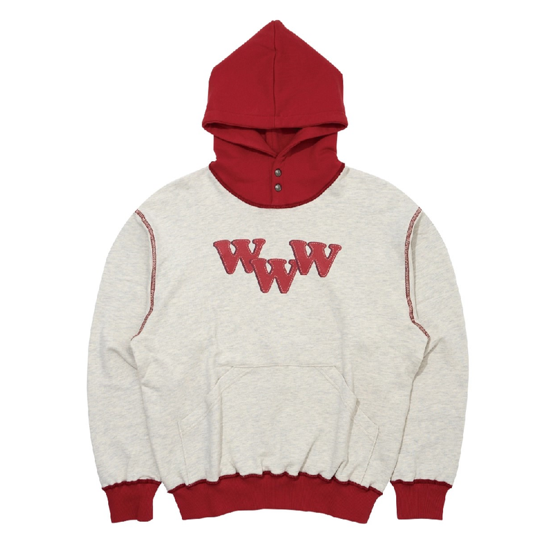 Don't Ask My Plan (DAMP)(ドントアスクマイプラン)の「BIO WASHED STITCH REGULAR FIT HOODIE_TWO TONE OATMEAL/CHERRY RED(Tops)」