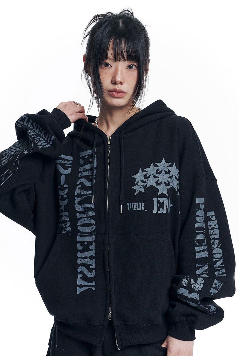 Marine Crack Print Hooded Zip-Up - Black