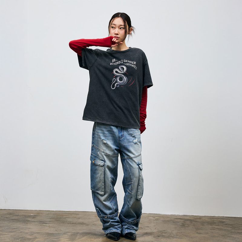 Washed Cargo Denim Detail Pants