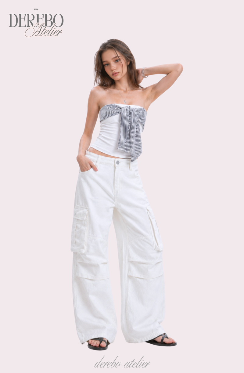 white wide pocket cotton casual pants