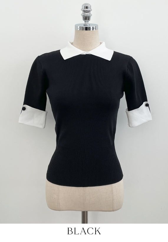 Ez Color Matching Button Short Sleeve Collar Knit