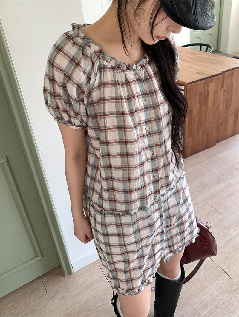 SAGE CHECK FRILL DRESS (2C)