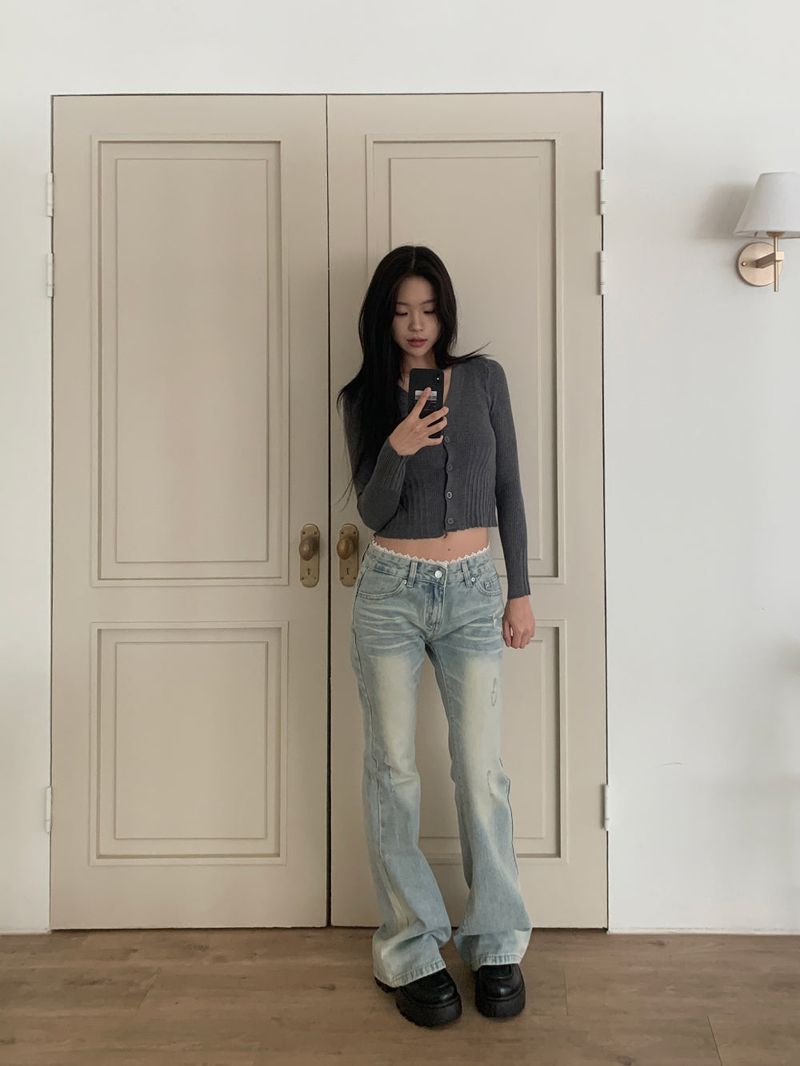 Touch Lace Trim Light Blue Bootcut Denim Pants