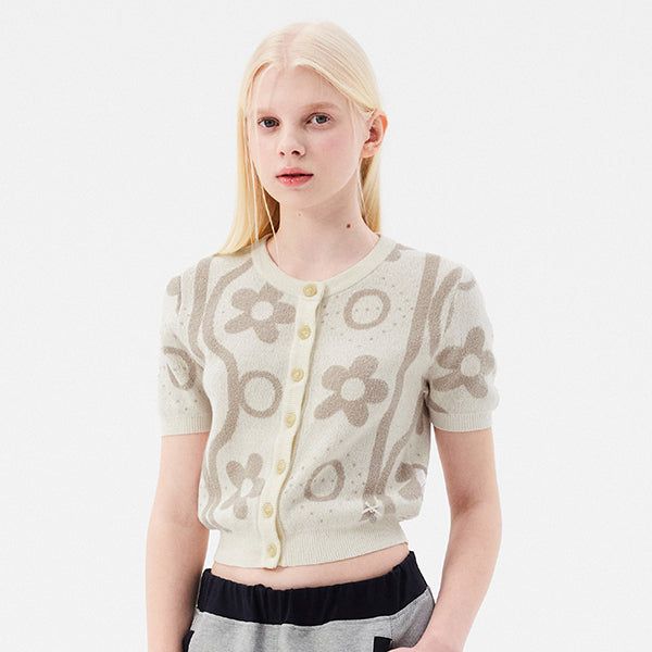CHERRY JACQUARD PATTERN SHORT SLEEVE CARDIGAN [IVORY]