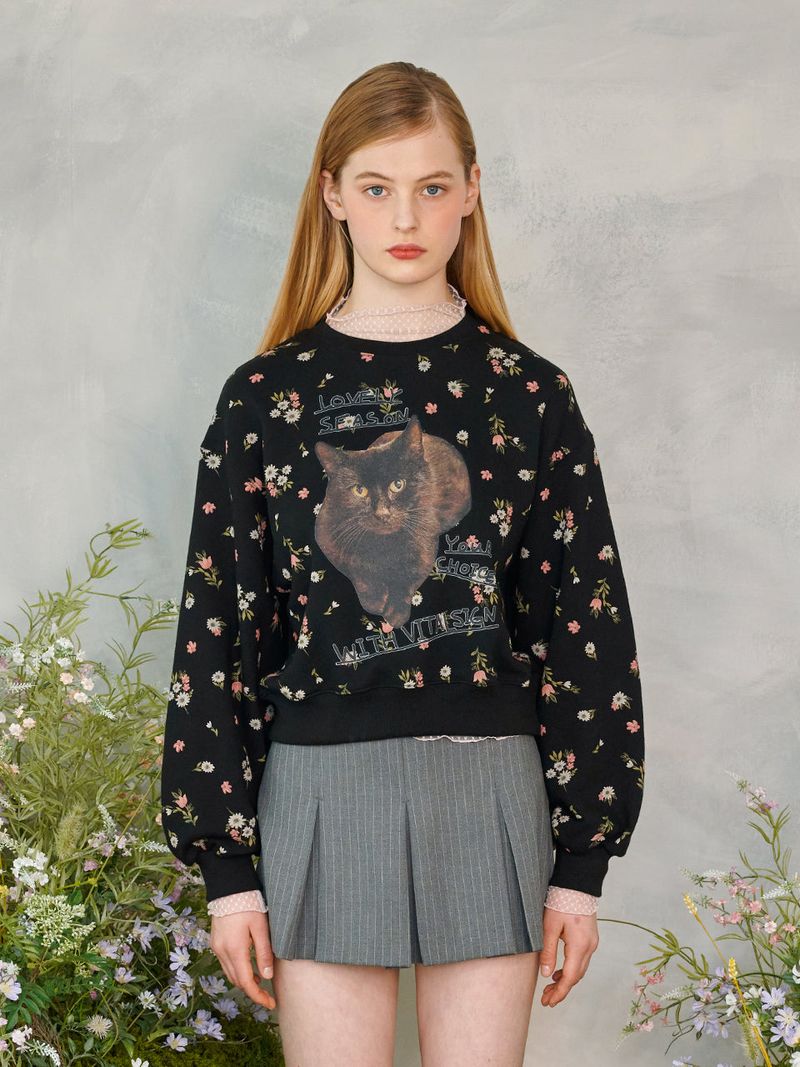 Flower Cat Lettering Sweatshirt (Black)