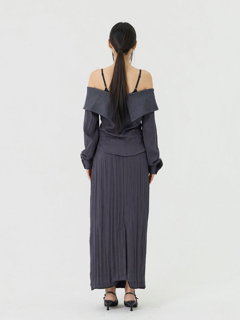 Scratch Cape Off-Shoulder Belted Shirt, Charcoal