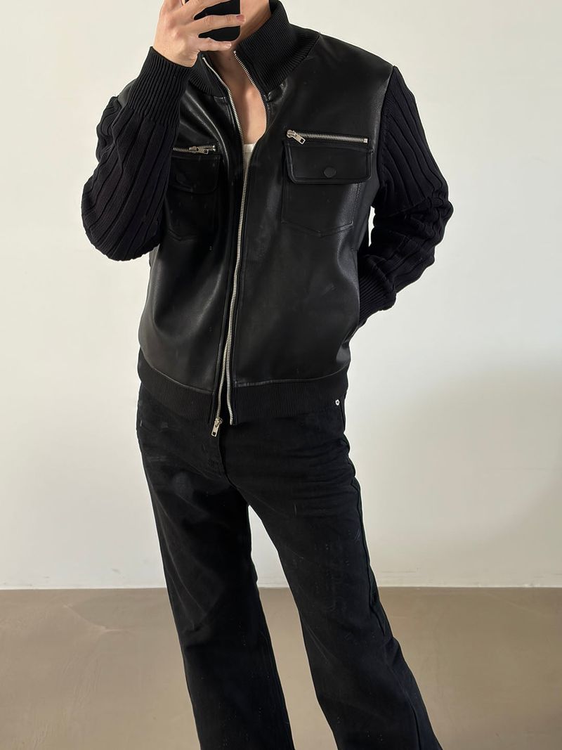 [NEW SEASON] Highneck knit leather jacket
