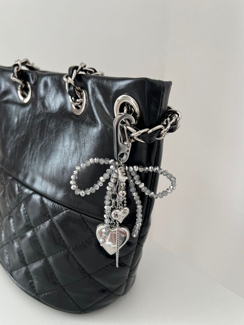 Gra Chic Hip Gray Ribbon Stainless Steel Big Heart Kitchen Chain Keyring Keyring
