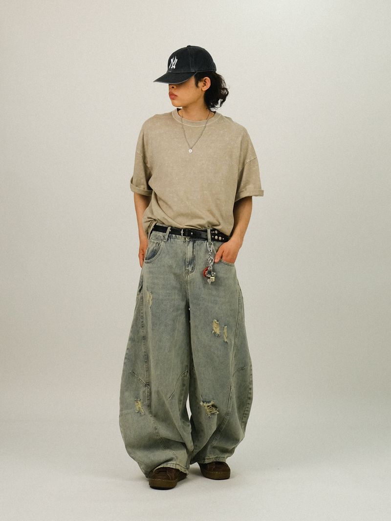 EE CURVED DAMAGE DENIM PANTS