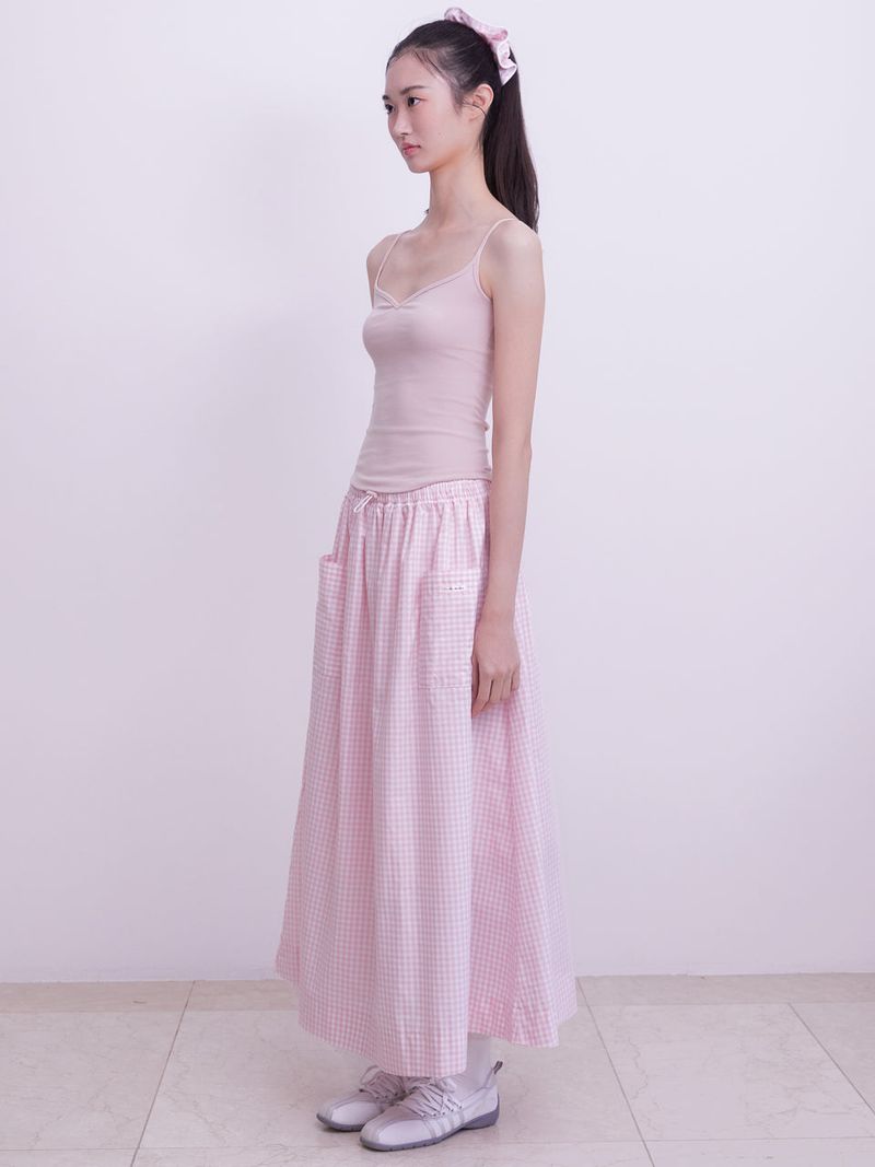 Gingham check pocket shirring Long skirt (PINK)