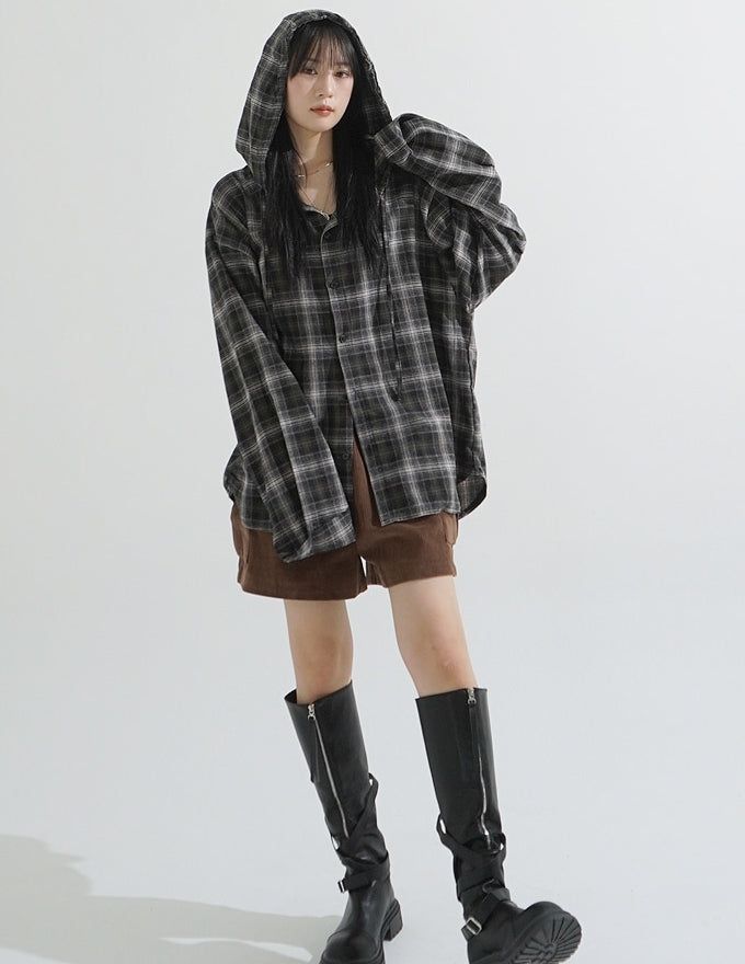 Retro flannel check hood shirt
