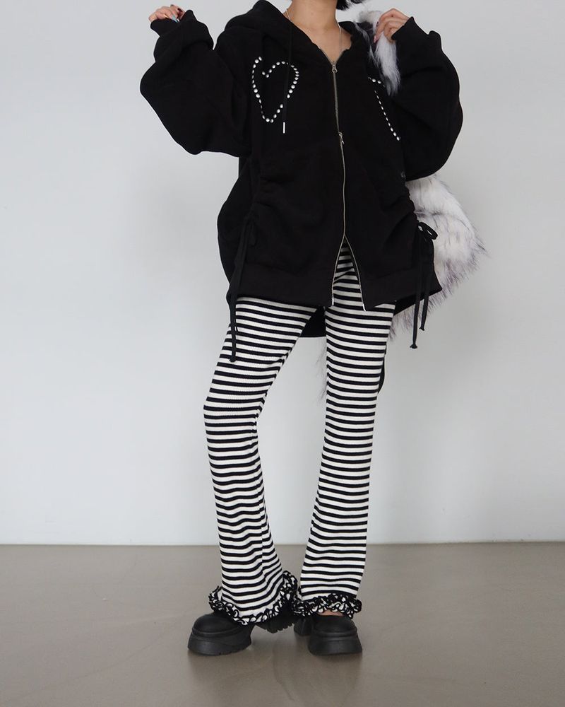 Wool napping heart wrinkle shirring hooded zip-up