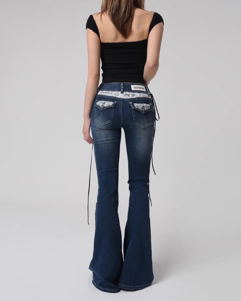 EatmePlz y2k Elastic Lace Low-Waisted Tight Dark Horn Jeans