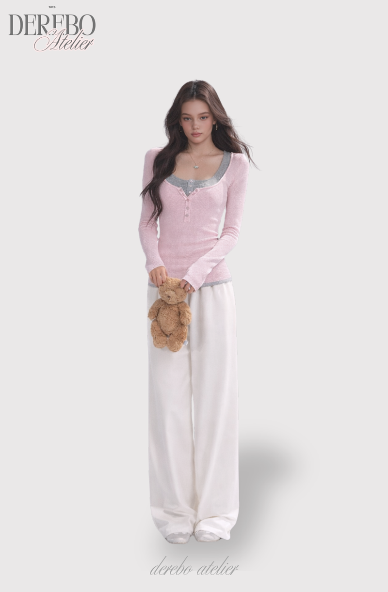 Pink bear ribbed long-sleeved T-shirt