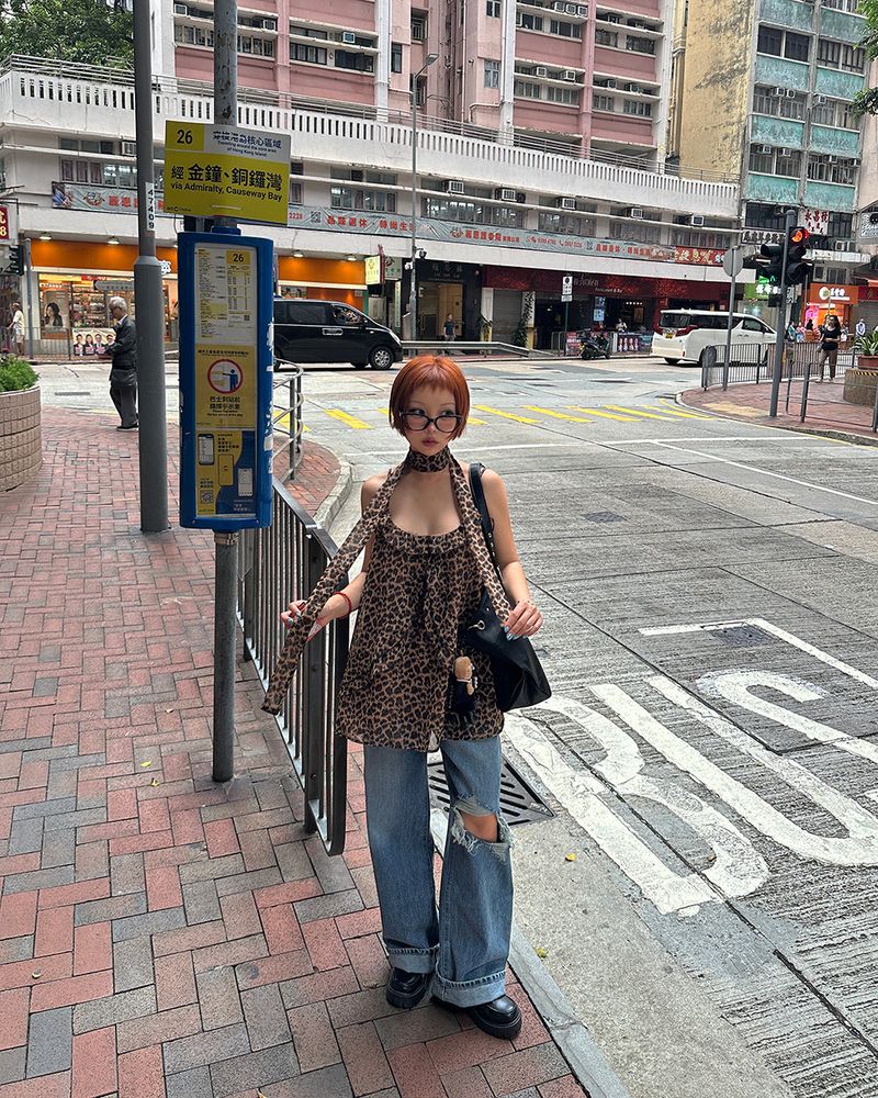 Tie set leopard print dot bustier long blouse