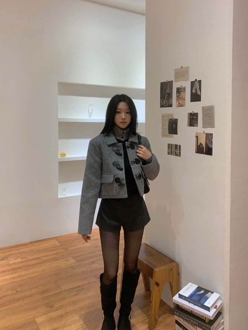 British Gray Duffel Button Quilted Crop Coat