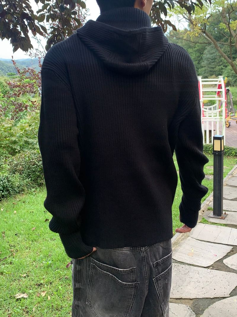 Rib Hood Half Zip-Up Knit