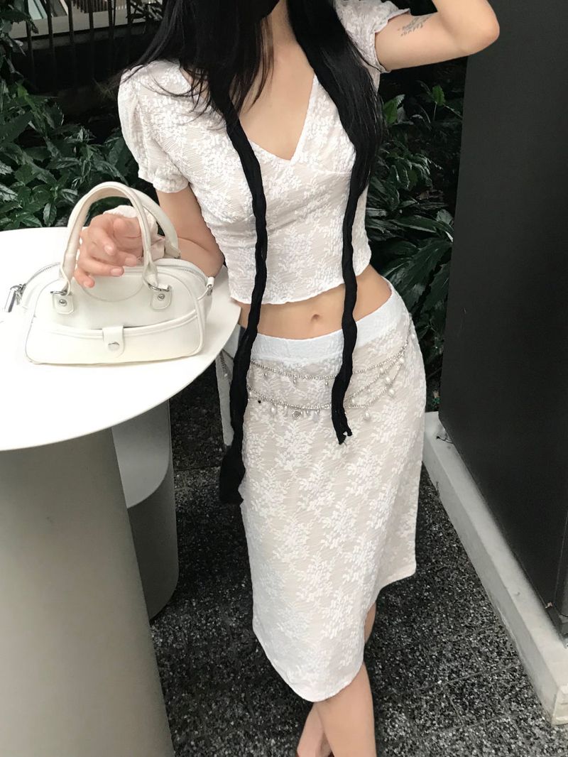 French Garden Lace Deep V-neck Puff Sleeve TOP & MIDI SKIRT SET 