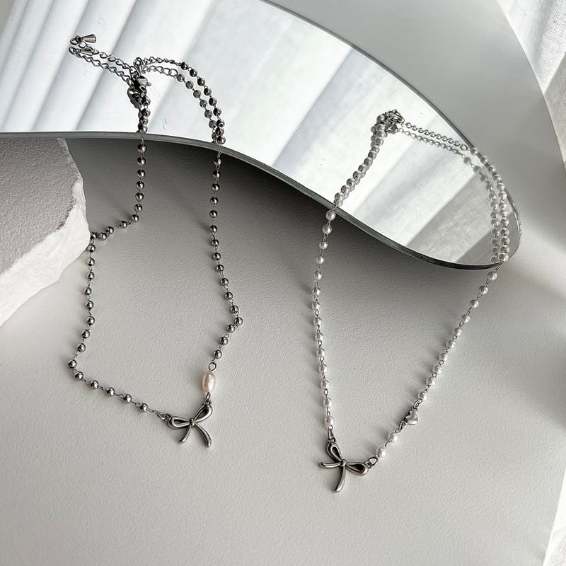 ari Ballet Core Ribbon Serious Steel Freshwater Pearl Short Choker Ball Layered Necklace (choose from 2)