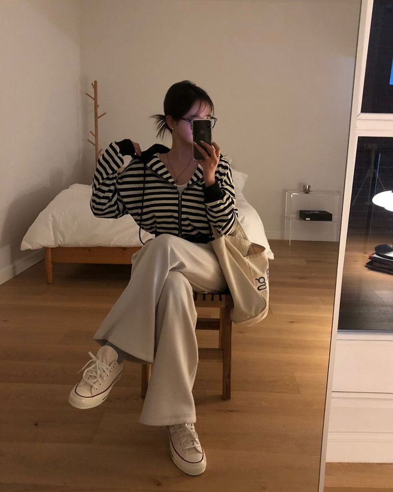 [BELLIDE MADE] Waffle stripe zip-up hoodie