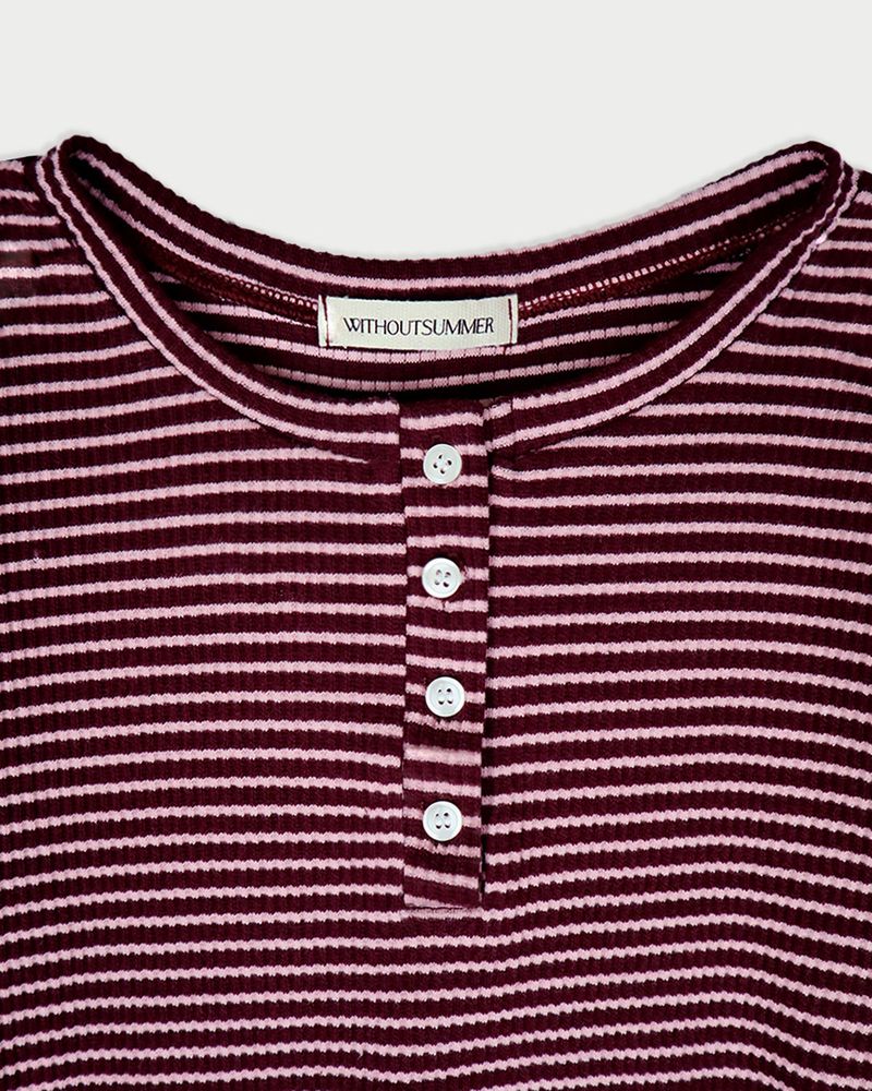 ストライプボタンTシャツ_ワイン