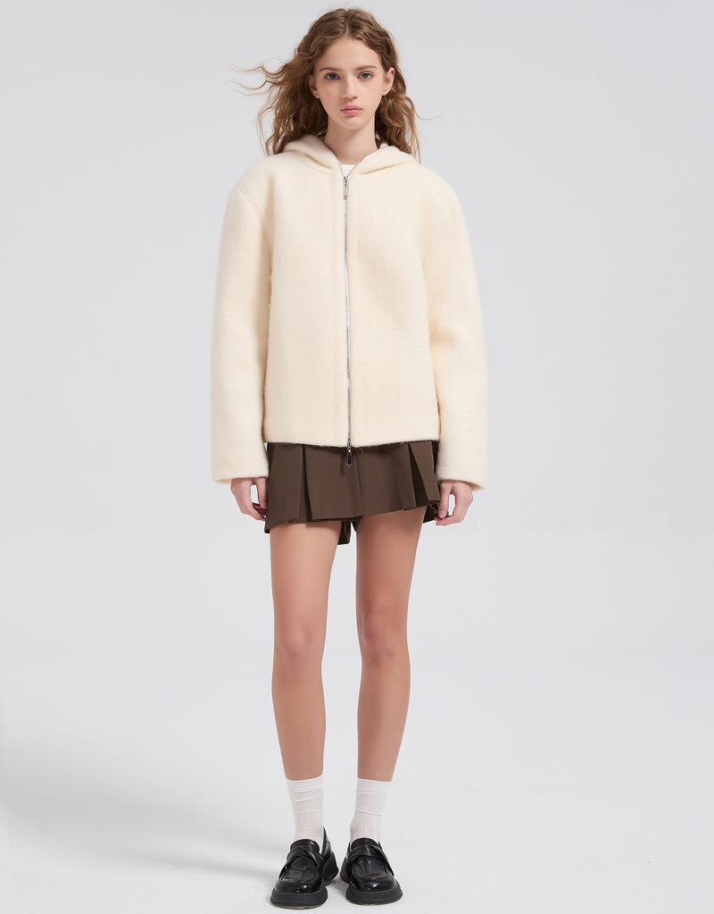 Roarin Oversized Hood Zip-Up Quilted Coat Ivory