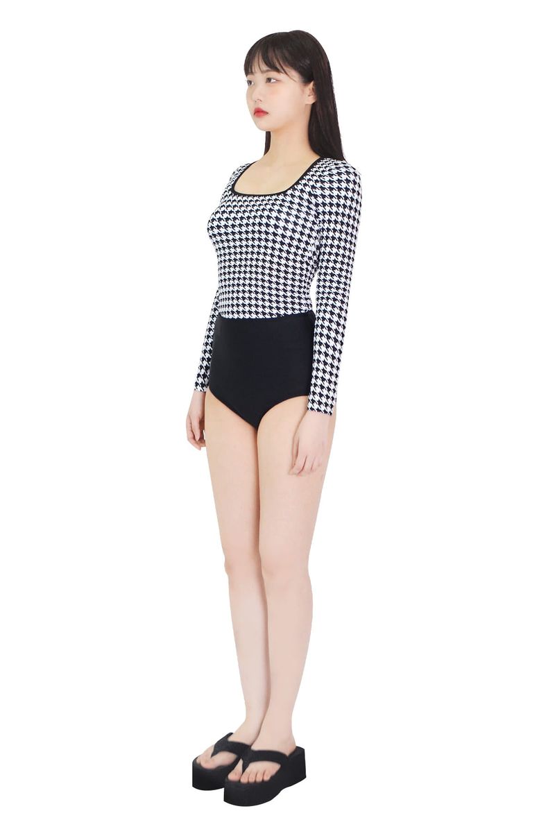 Hound check square neck rash guard top (black)