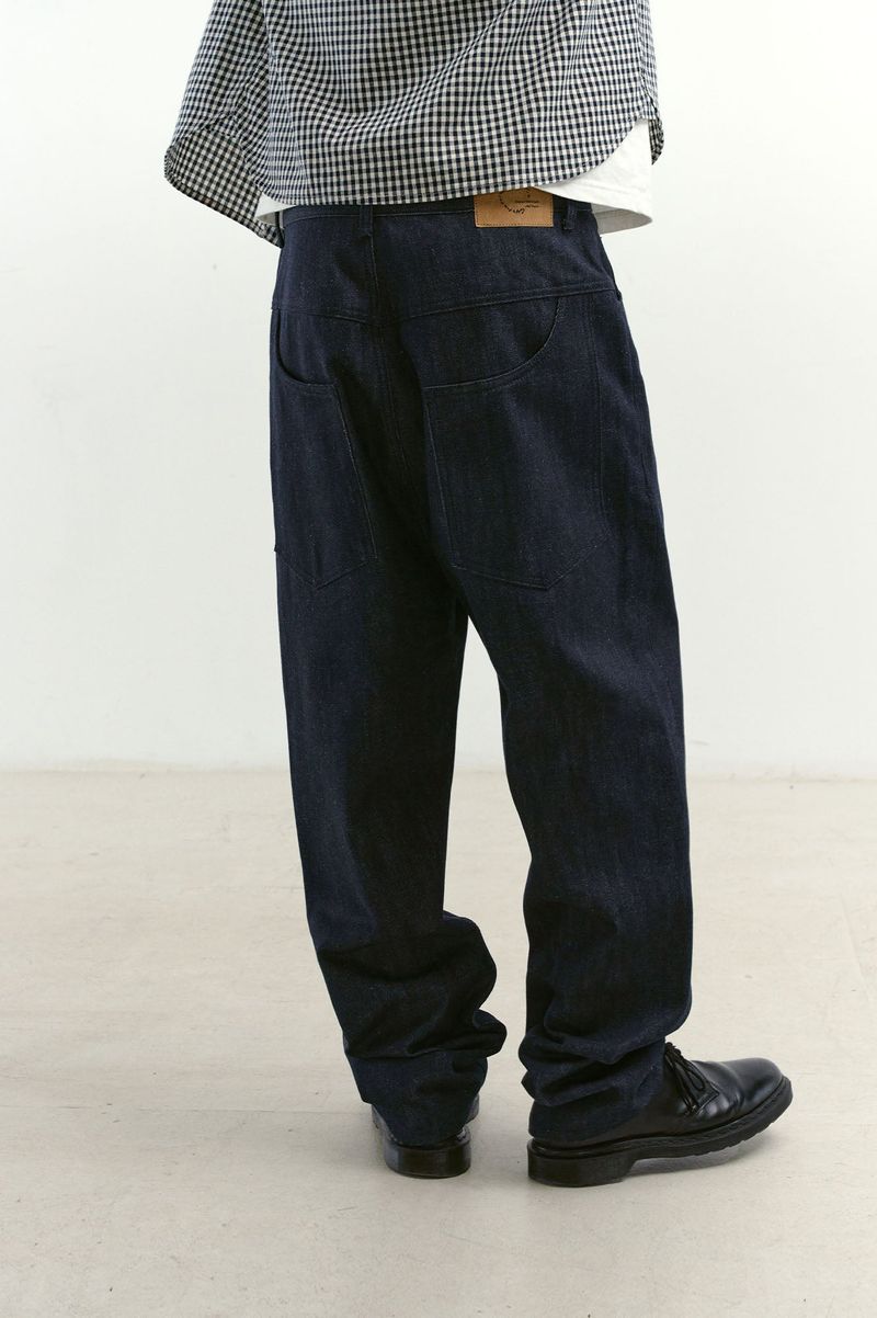 Natural High Waist Baggy Fit Selvedge Denim Pants(Navy)