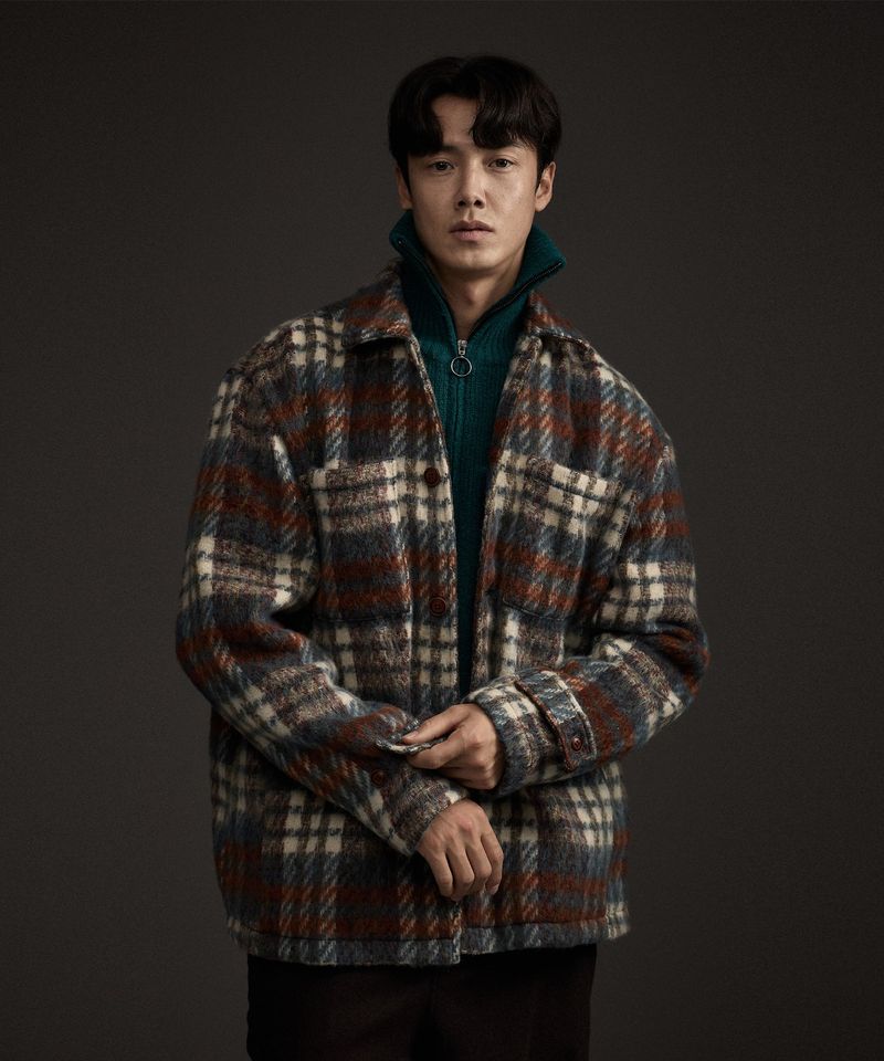 COZY HAIRY CHECK JACKET NAVY