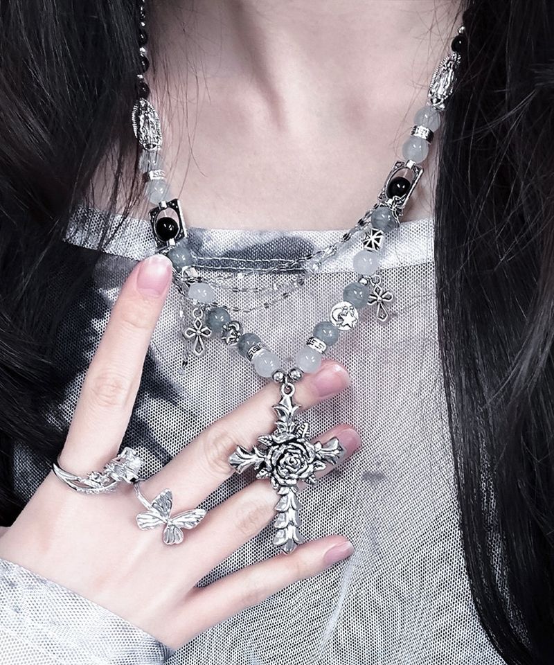 Rose Cross Layered Chain Necklace