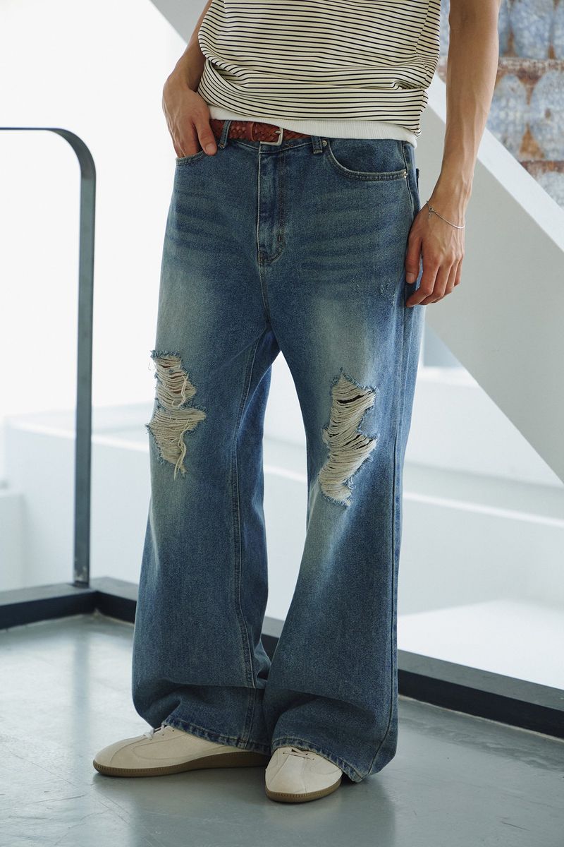 Tin washed damage flare denim pants(Blue)