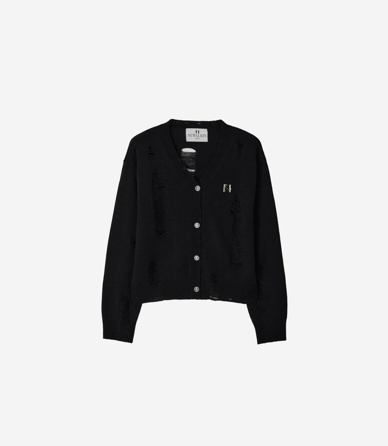 Bloom emblem demage Knit Cardigan