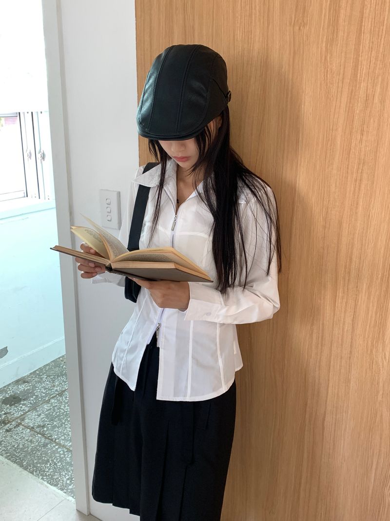Philty strap cut-out zipper collar zip-up shirt jacket